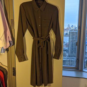 Olive Green Button Down Tie-Waist Shirt Dress